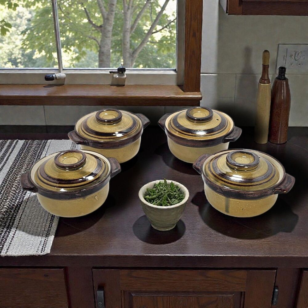 Set of 4 Vintage Stoneware Mini Casserole Crocks Avocado Green Brown Drip Glaze